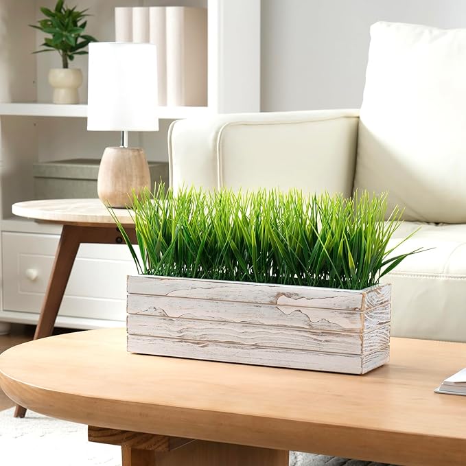 MyGift 14 Inch Artificial Green Grass Plant in Shabby White Washed Wood Planter Window Box - Faux Greenery in Rectangular Crate Style Wooden Container MyGiftHome