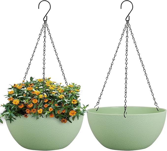 13 inch Large Hanging Planters Plant Pots for Outdoor Indoor Plants with Drainage Holes and Chain, 2 Pack Round Hanging Flower Pots for Garden Home Porch Decor, Green WSMKSZ