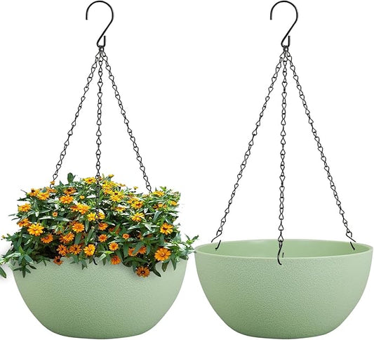 10 inch Hanging Planters for Outdoor Indoor Plants with Drainage Holes and Chain, 2 Pack Round Hanging Flower Pots for Garden Home Porch Decor,Green WSMKSZ