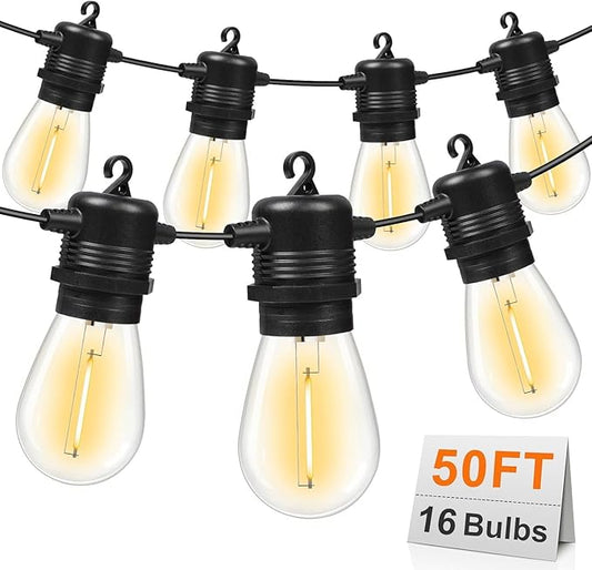 50FT LED Outdoor String Lights with 16 Shatterproof Waterproof S14 Replaceable Bulbs(1 Spare), 2700K Commercial Grade Patio Lights, Outside Hanging Light for Yard Garden Porch Deck Decor GvvooHome