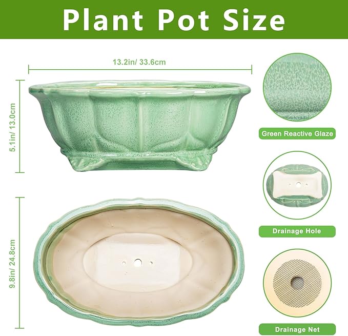Bonsai Tree Pot - 13.2 Inch Large Ceramic Succulent Planter for Indoor Outdoor, Oval Plant Pot with Drainage Hole, Decorative Flower Pots, Home Decor, Gifts for Plant Lovers, Green Teagas