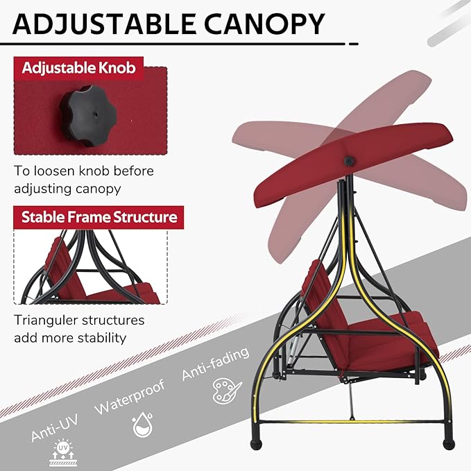 U-MAX Porch Swing with Cover, Patio Swing with Adjustable Backrest&Canopy 3 Seat Outdoor Swing with Canopy 2-in-1 Convertible Patio Daybed with Removable Burgundy Cushions U-MAX