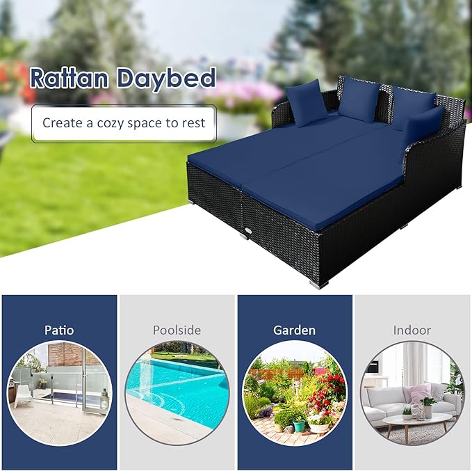 RELAX4LIFE Rattan Patio Outdoor Daybed, Wicker 2-Person Sunbed Loveseat with Soft Cushions, 4 Pillows, Curved Backrest & Armrest, Double Bed Lounger Sofa Set for Balcony Porch, Patio Bed (Navy) RELAX4LIFE