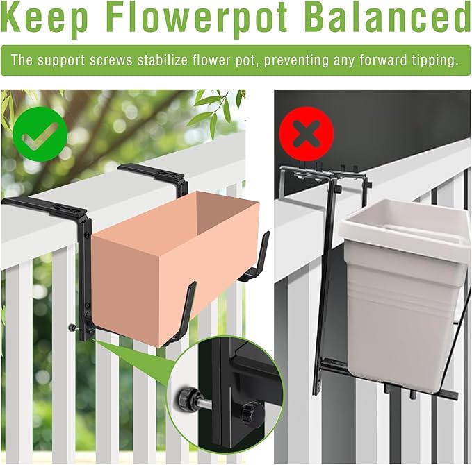 Window Box Brackets, Adjustable Hanging Railing Planter Box Brackets, Heavy Duty Wall Mount Iron Flower Box Holder for Outdoor Windowsill, Balcony, Garden, and Fence (2 Pack) NouraVita