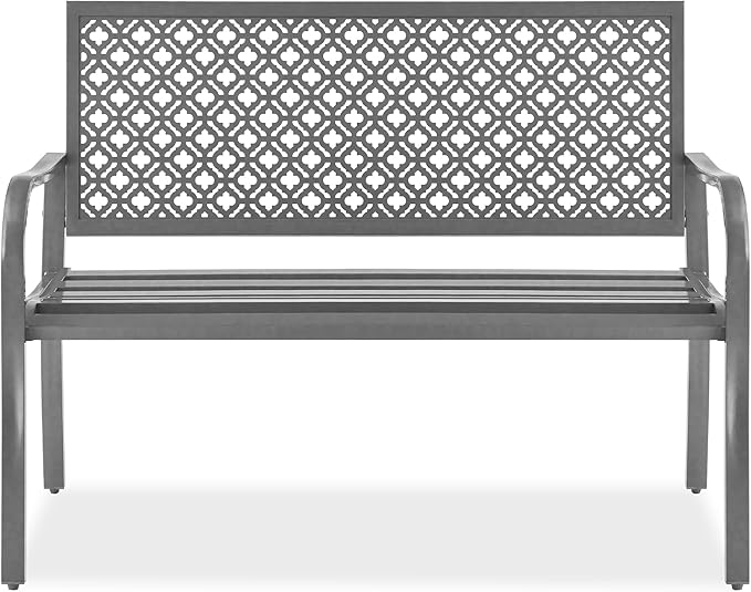 Best Choice Products Outdoor Bench 2-Person Metal Steel Benches Furniture for Garden, Patio, Porch, Entryway w/Geometric Backrest, 790lb Capacity – Gray BestChoiceProducts