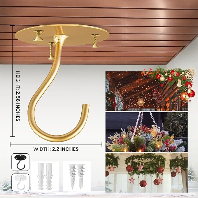 Ceiling Hooks for Hanging Plants- 4pcs 2.56 inches Heavy Duty Powder Coated, Gold Hanging Hooks for Bird Feeders, Planters and Wind Chimes Etoolia