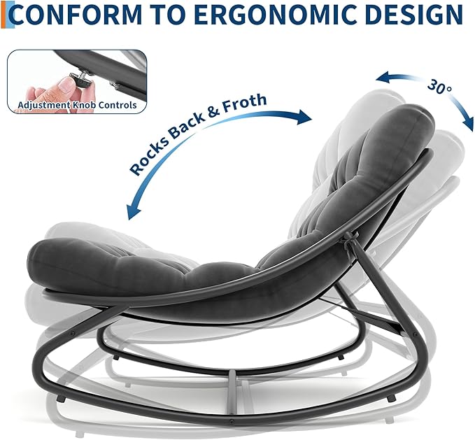 IDEALHOUSE Outdoor Rocking Chair with Metal Frame, Adjustable Papasan Rocker, Waterproof Comfy Cushion, 450lbs Capacity, for Patio, Porch, Garden, Living Room, Dark Grey IDEALHOUSE