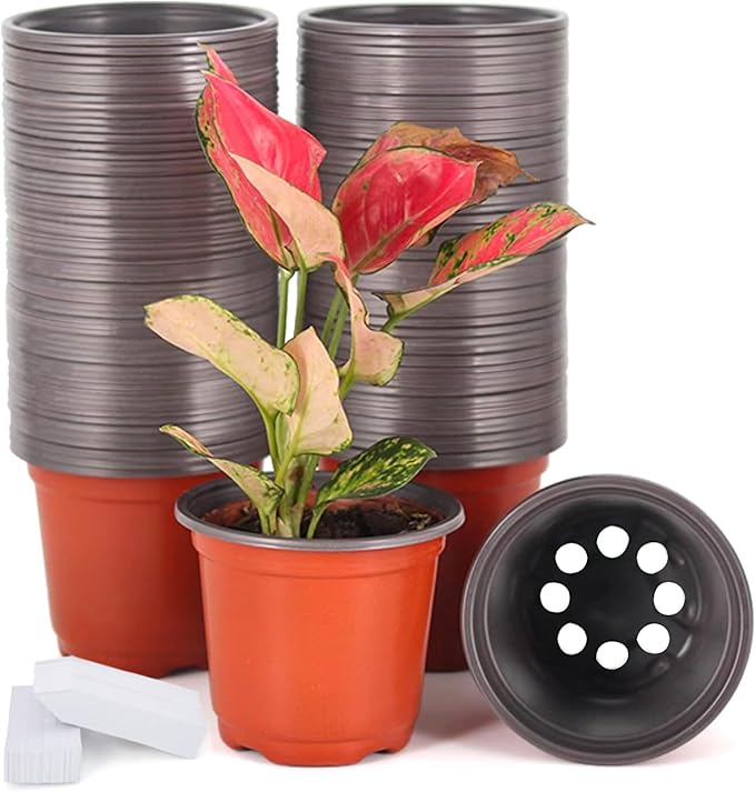 JERIA 100-Pack 4 Inch Plastic Plant Nursery Pots Come with 100 Pcs Plant Labels, Seedling Flower Plant Container and Seed Starting Pots JERIA