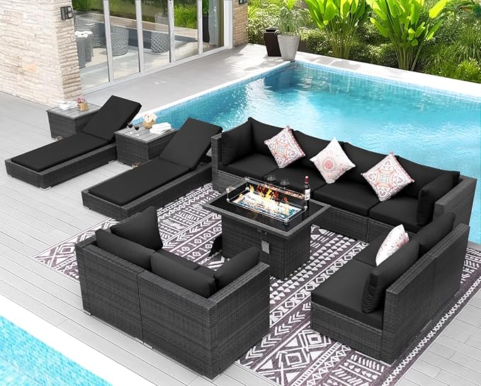 NICESOUL 13 Piece Patio Set with Fire Pit Table, 500 lbs High Weight Capacity Large Outdoor Sectional with Fire Pit & Chaise Lounge, 29.3'' High Back Patio Sectional Deep Seating Grey & Black NICESOUL