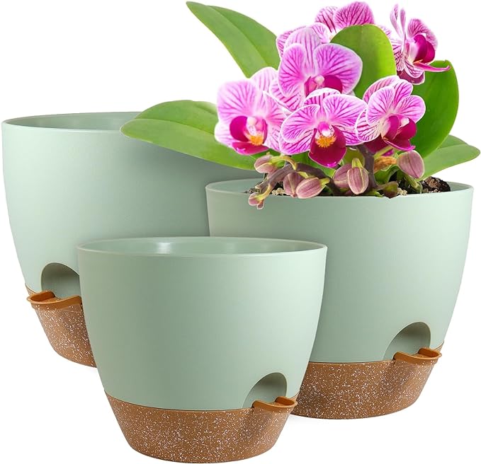 Big Self Watering Pots 12/10/9 inch, Planter, Plant Pots with Mesh Drainage Holes for Indoor Outdoor Garden Plants, Plastic Flower Pots with Removable Deep Reservoir, Green with Brown WSMKSZ