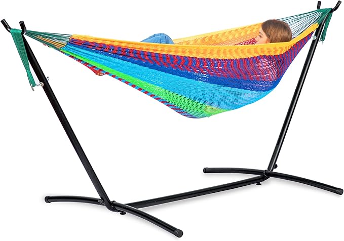 PNAEUT Double Hammocks with Stand for Outside, Portable Space Saving Heavy-Duty Steel Stand for Indoor Outdoor Patio (Mayan Rainbow) PNAEUT