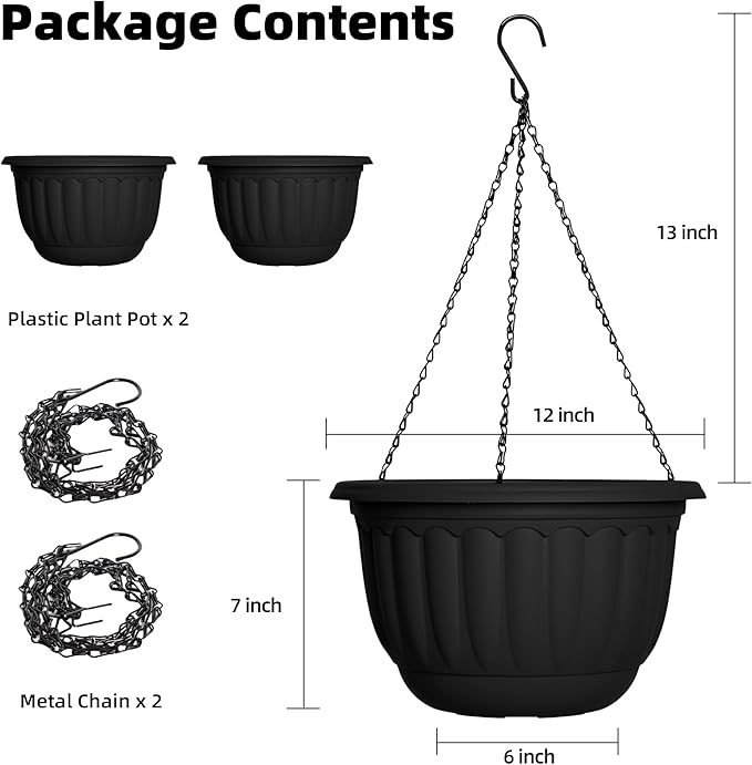 YIKUSH Planters for Outdoor Plants 2 Pack Black Plant Pots with Drainage Hole and Absorbing Tray Hanging Planters for Indoor Plants (12 inch, 3 Hooks) YIKUSH