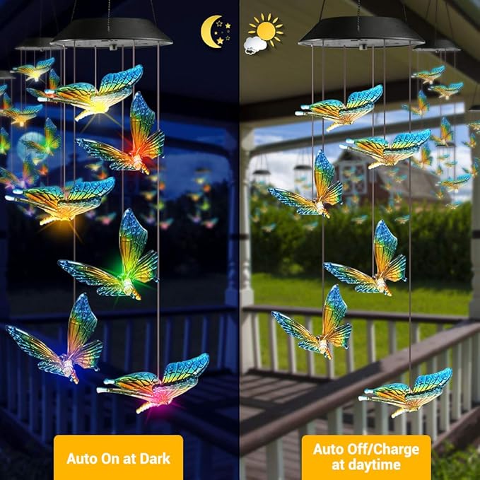 Toodour Solar Wind Chime, Color Changing Wind Chimes Butterfly, LED Decorative Mobile, Gifts for Mom Grandma, Waterproof Outdoor Decorative Lights for Garden, Patio, Yard, Window, Outdoor Decor Toodour