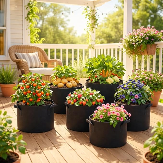 5 Pack 15 Gallon Grow Bags, Thickened Aeration Nonwoven Fabric Planting Bags with Handles, Heavy Duty 300G Garden Planter Bag for Tomato, Potato, Strawberry, Vegetable, Fruits and Flowers Rootora
