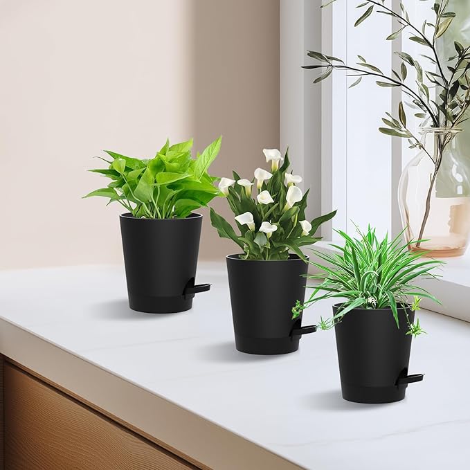 Self Watering Pots, 4 inch Flower Pots with Multi Mesh Drainage Holes, Small Platic Planters for Indoor Outdoor Garden Plants and Flowers (Black, 4") Rootora