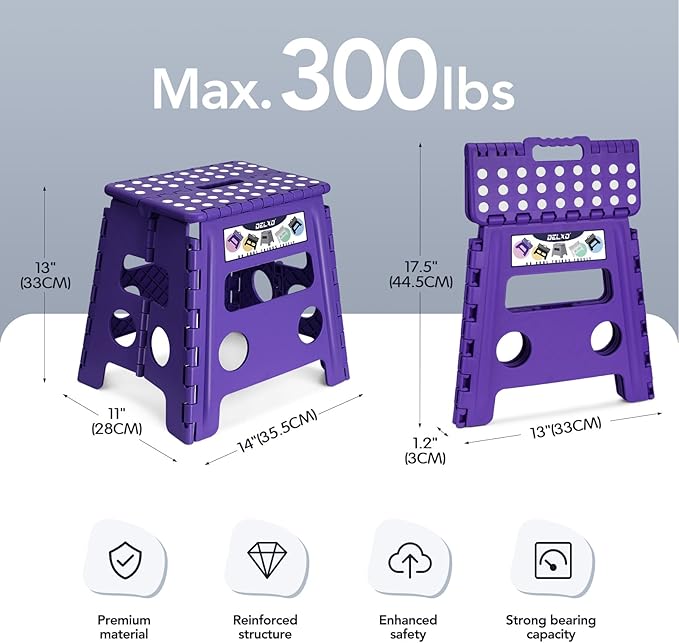 Delxo Folding Step Stool, 13 inch Non-Slip Foldable Stools Up to 300 LBS, Step Stool with Handle, Lightweight for Kitchen, Bathroom, Bedroom, Garden, Purple, 1PC Delxo