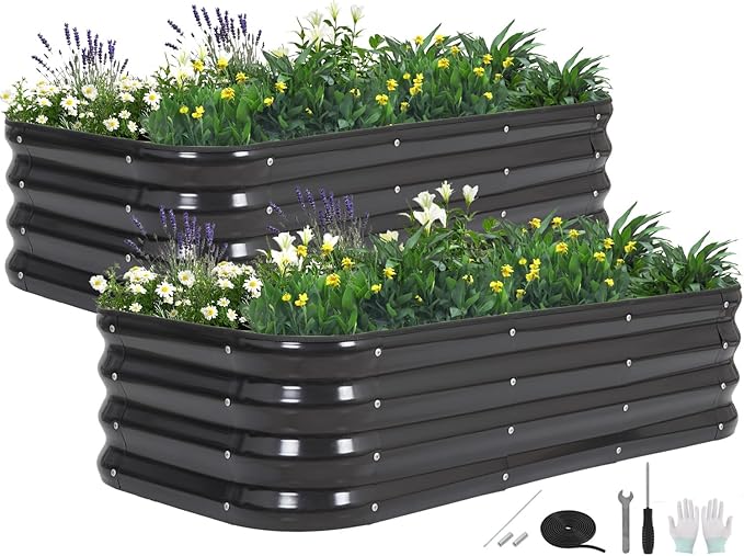 3 in 1 Galvanized Raised Garden Bed - 4x2x1ft (2Packs) Modular Planter Box Outdoor | Metal Raised Bed Kit with Bracing Rods for Gardening Vegetables Flowers Fruits Herbs (Dark Grey) BIRDSINYARD