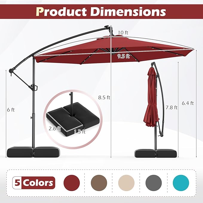 Tangkula 10ft Solar LED Patio Umbrella with Base, Offset Cantilever Outdoor Umbrella with 32 LED Lights, Infinite Tilt, 360 Degree Rotation, Crank Handle for Pool Deck Garden Backyard (Wine) TANGKULA