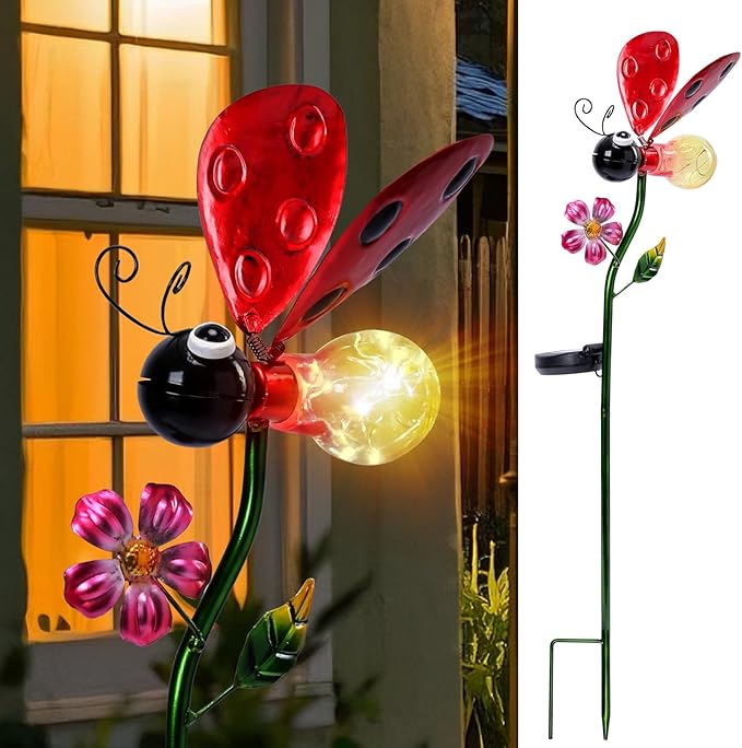 Decorative Solar Lights Outdoor Solar Ladybug Stake Lights Metal Decorative Garden Lights Outdoor Waterproof Stakes for Pathway Yard Lawn Decoration Mothers Day Mom Gifts Afirst