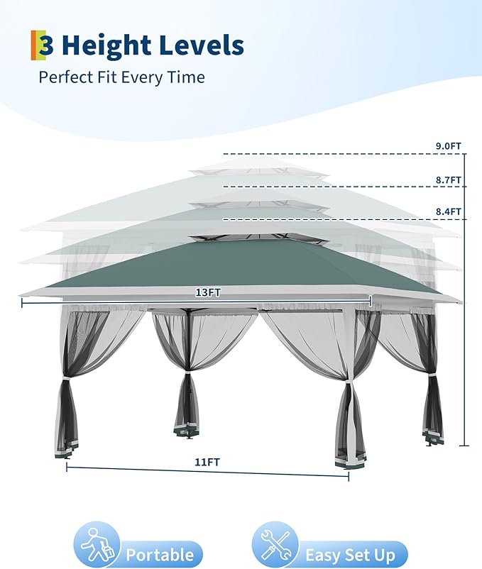 Canopy Tent 13x13 ft, Pop Up Gazebo One-Push Setup with 4 SandBags for Backyard Parties and BBQs, Mosquito Netting & Height Adjustable - Green GarveeLife