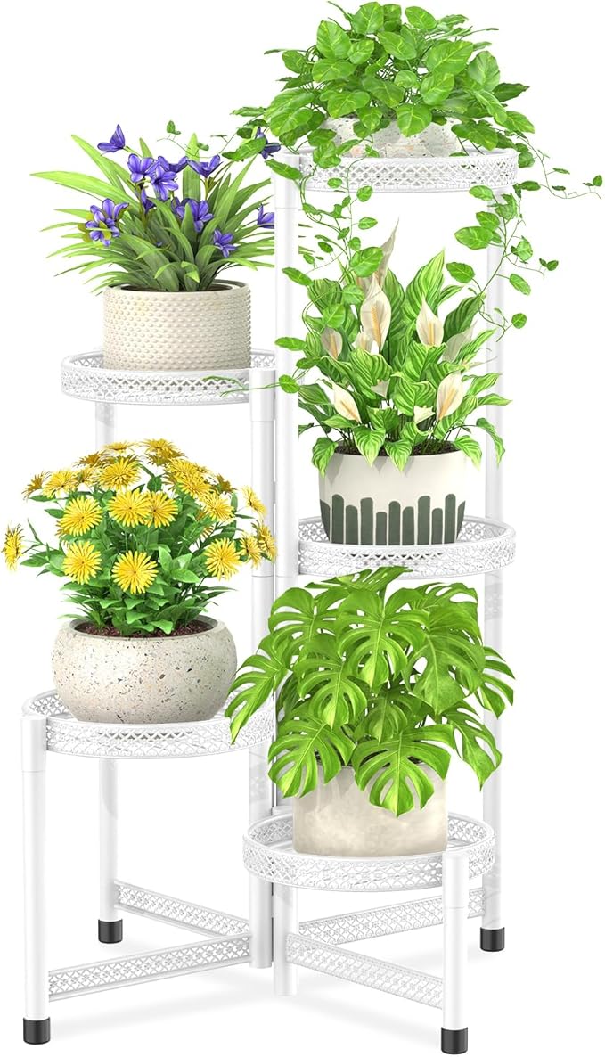 iDavosic.ly Plant Stand Indoor Outdoor, 5 Tier Corner Metal Flower Display Holder Shelf, Easy Assembly Folding Tall Orchid Rack for Patio Balcony Porch Garden Living Room House, Wrought Iron - White iDavosicly