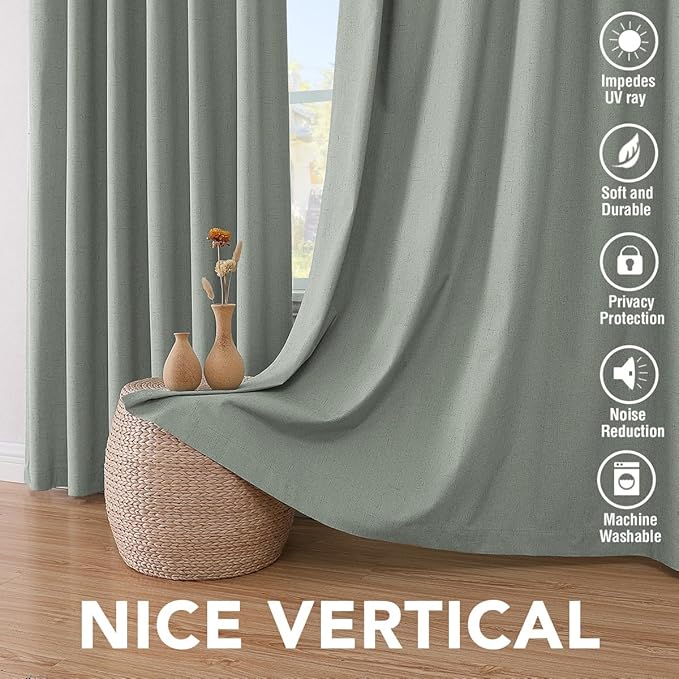 H.VERSAILTEX 100% Blackout Curtains for Bedroom Thermal Insulated Linen Textured Curtains Heat and Full Light Blocking Drapes Living Room Curtains 2 Panel Sets, Green Bay, 52x54 Inch HVERSAILTEX