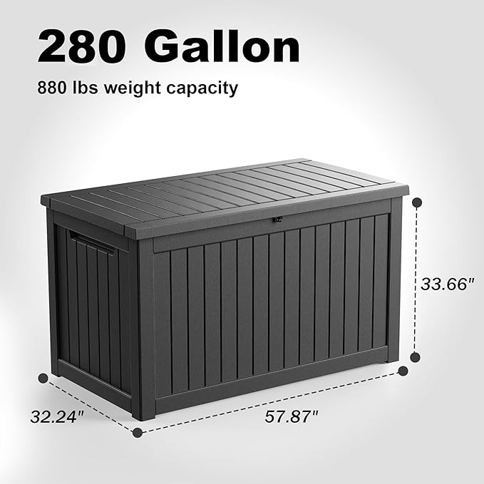 280 Gallon Resin Deck Box, Lockable Weatherproof Outdoor Storage Box for Furniture, Garden Tools and Tools Storage, Waterproof Outside Storage Boxes - Black OutdoorLivingPerfected