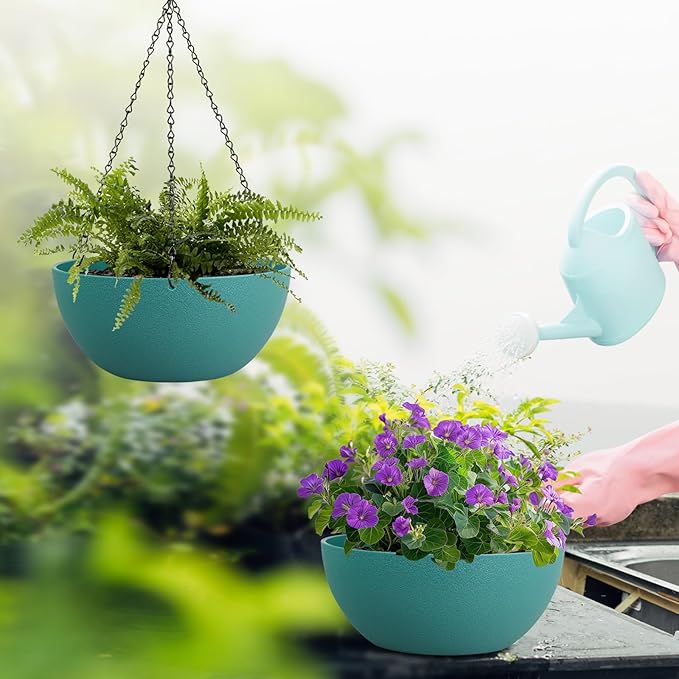10 inch Hanging Planters for Outdoor Indoor Plants with Drainage Holes and Chain, 2 Pack Round Hanging Flower Pots for Garden Home Porch Decor, Blue Green WSMKSZ