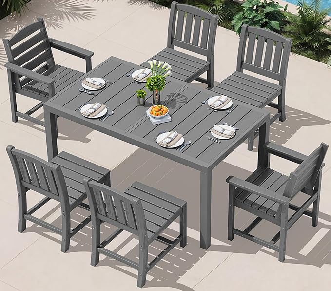 SERWALL 7-Piece Outdoor Dining Set, 60" - 83" Expandable Outdoor Dining Table and 6 HDPE Chairs, All Weather HDPE Outdoor Furniture Set for Backyard, Garden, Grey SERWALL