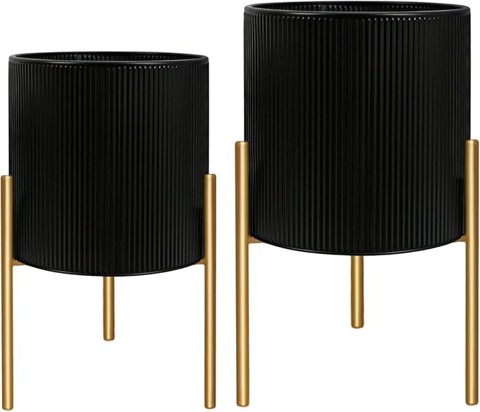 ARNIS Modern Plant Pots, Set of 2 Round Large Planters with Stand, Large Size Metal Pots with Drainage Holes for Living Room, Office, Garden or Balcony, 10.5 &12.25 Inch, Black & Gold ARNIS