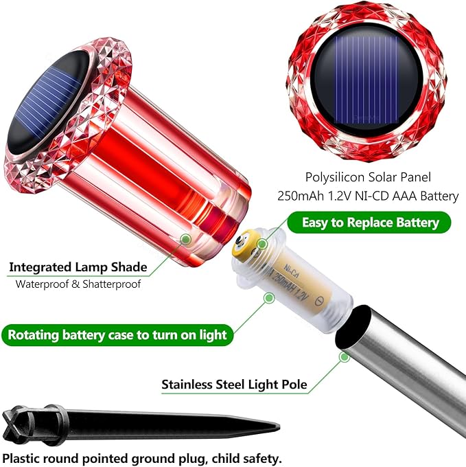 DenicMic Solar Lights Outdoor 10 Pack Waterproof Red White LED Stainless Steel Stake Outside Lights for Yard Pathway Garden Driveway Walkway Landscape Path Lighting Valentines Day Decorations Denicmic