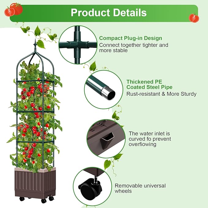 Raised Garden Bed Planter Boxes with Trellis,1pcs 70.9"Self-Watering Tomato Planter Boxes with Trellis for Climbing Vegetables Plants Flowers Tomato with Wheels,Use for Indoor Outdoor (Brown) MQHUAYU