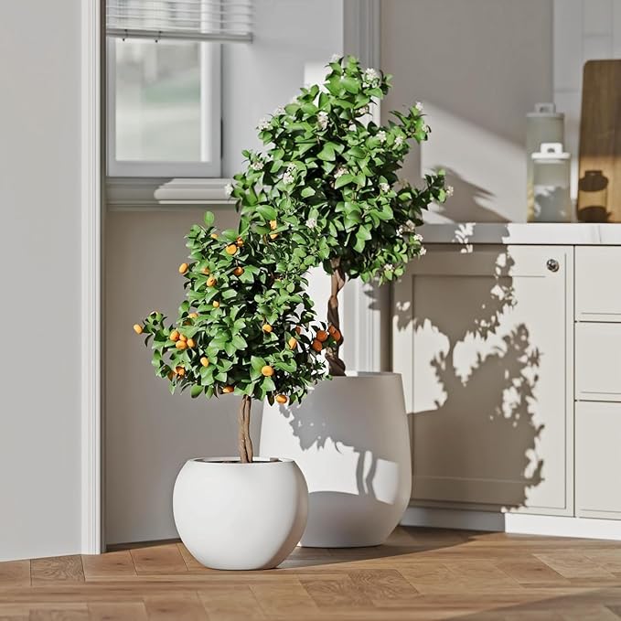 10 H x 14" Dia (10" Pot Opening) Round Fiberstone Planter with Drainage Hole, White, Indoor/Outdoor Large Plant Pot for Home Patio Garden, Ideal for Large Plants Panlaolao