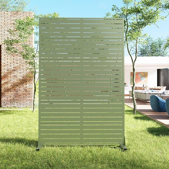 Casaphoria Metal Privacy Screen Outdoor, 72" H x 47" W Freestanding Decorative Privacy Screen for Patio Deck Balcony Garden with Stable Base, Light Green-Louvered Casaphoria