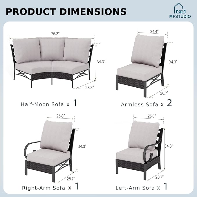 MFSTUDIO Patio Furniture Set, 6 Seats Half-Moon Curved Outdoor Sectional Sofa Conversation Set, Woven Rattan Patio Couch for Backyard, Garden, Deck MFSTUDIO