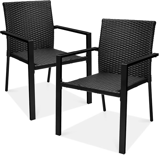Best Choice Products Set of 2 Stackable Outdoor Wicker Dining Chairs All-Weather Firepit Armchair w/Armrests, Steel Frame for Patio, Deck, Garden, Yard - Black BestChoiceProducts