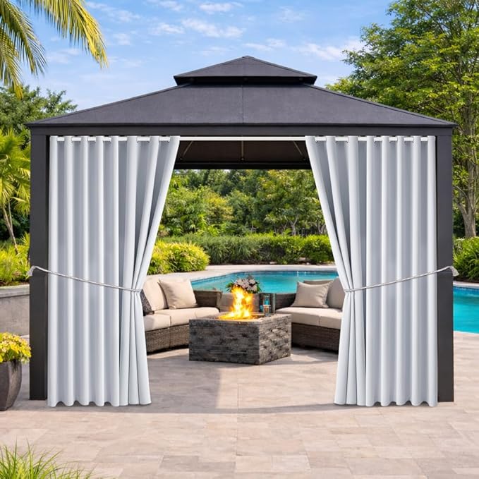 Water Proof Outside Curtains with Grommet Top for Porch, W105 x L120 Extra Wide Thermal Insulated Washable Light Block Outdoor Divider Drapes for Patio Gazebo Deck Pool Area Pergola Cabana DivaenCamino