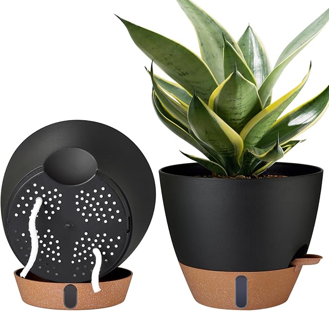 2 Pack 10 inch Plant Pots, PP Plastic Self Watering Plant Pot with Drainage and Tray for Indoor Outdoor Plants , Water Level Window & Reservoir Flower Pots Decorative Planter (Black, 10 Inch) Montresor