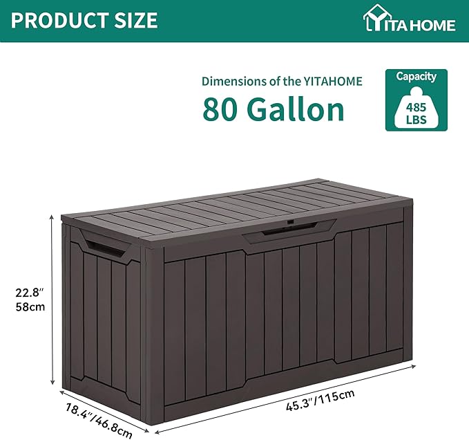 YITAHOME 80 Gallon Outdoor Storage Box, Large Water Resistant Resin Deck Box, Indoor Outdoor Lockable Storage Container for Patio, Garden, Cushions, Tools, Equipment (Dark Brown) YITAHOME