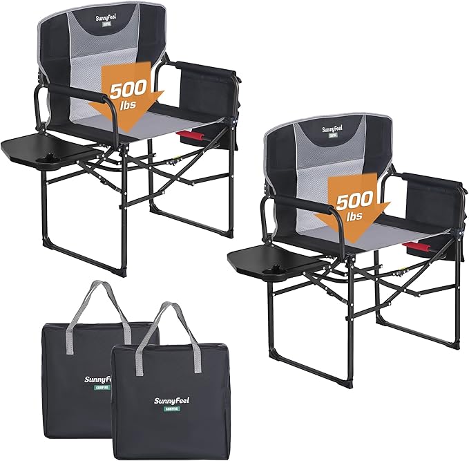 SUNNYFEEL Oversized Camping Directors Chair 500 LBS Heavy Duty, Portable Folding Chair with Side Table, Pocket for Beach, Fishing,Trip,Picnic,Lawn,Concert Outdoor Foldable Camp Chairs SunnyFeelCamping