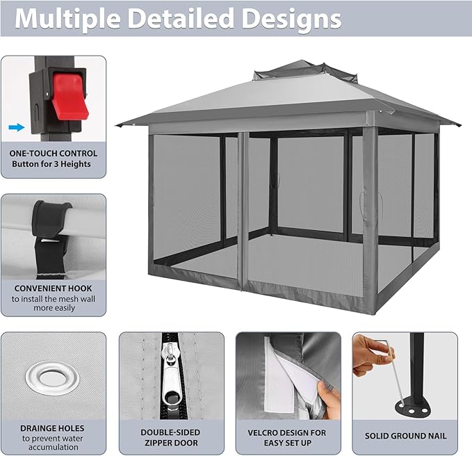 COBIZI 11x11 Pop Up Gazebo One-Push Canopy Tent, Carpas Para Patio, Outdoor Canopy Shelter with Double Roof Ventiation 121 Square Feet of Shade for Lawn, Garden, Backyard and Deck, Gray (Upgraded 2.0) COBIZI