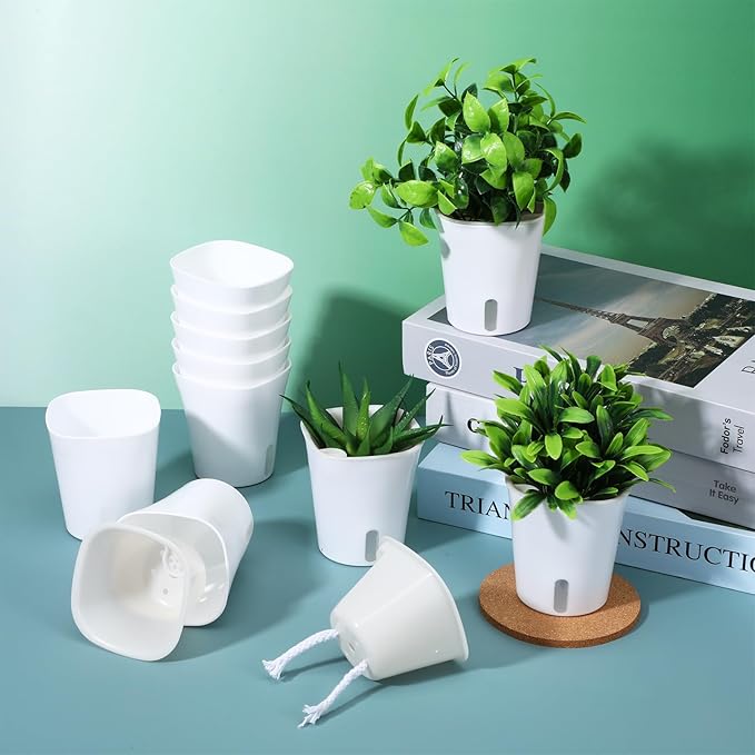 20 Pcs 3 Inch Self Watering Pots for Indoor Plants, White Plastic Self Watering Planters with Wicking Rope Visual Water Level & Vent Holes for Succulents, Flowers Indoor Outdoor Rootora