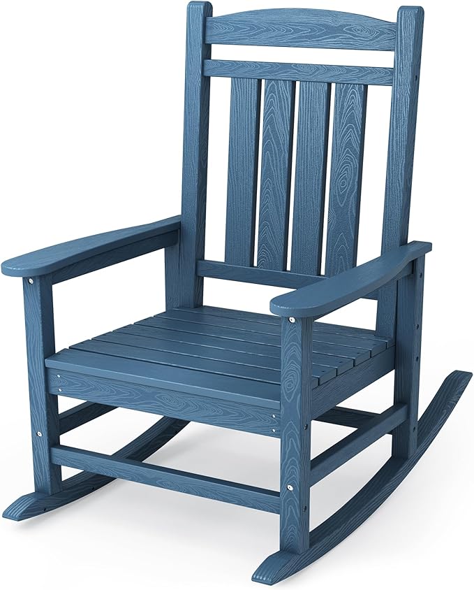 KINGYES HDPE Outdoor Rocking Chair, Widened Seat Patio Rocking Chair, Oversized All Weather Patio Rocker, Navy KINGYES
