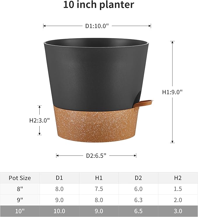 FaithLand 2-Pack 10 Inch Planter Pots for Indoor Outdoor Plants, Self Watering Flower Pots with Deep Reservoir, Black with Terracotta … FaithLand