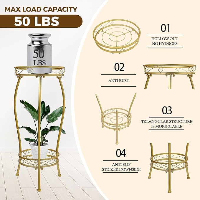 Plant Stand Indoor Outdoor，Tall Gold Metal Rustproof Stable Plant Stands，2 Tier 27.1 inch Multiple Plant Rack Holder Rack Flower Pot Stand Heavy Duty Plant Shelf (Gold) KavliumPlantStand