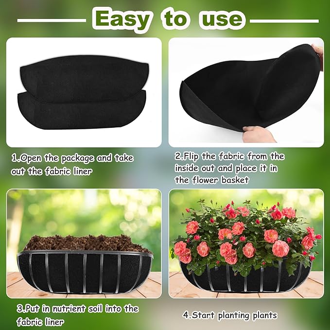 2PCS 30Inch Upgraded Planter Basket Liners Fabric Window Box Liners Felt Trough Planter Black Flower Basket Liner Non-Woven Hanging Plant Liner for Planters Garden Fence - Avoid Bird Nesting Emsiok