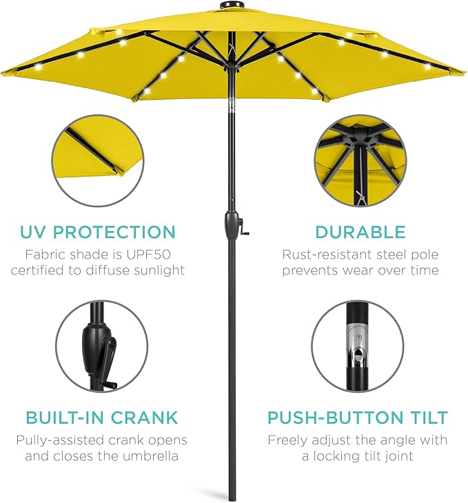 Best Choice Products 7.5ft Outdoor Solar Market Table Patio Umbrella for Deck, Pool w/Tilt, Crank, LED Lights - Yellow BestChoiceProducts