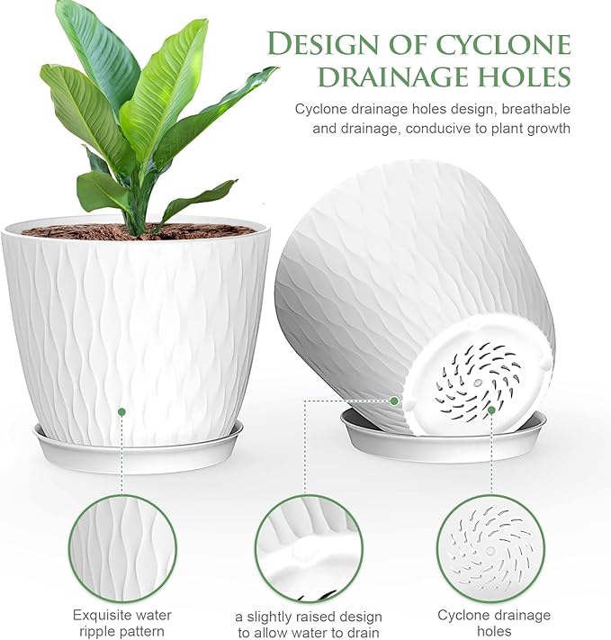 6 inch Flower Pots, 5 Pack Plant Pots with Drainage Holes and Saucers for Indoor Plants, Plastic Planters with Water Ripple for Small Garden House Plants, Nursery Pots for Succulent, White WSMKSZ