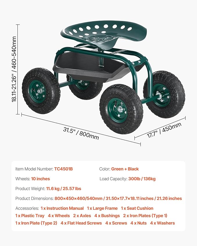 VEVOR Rolling Garden Cart with Swivel Seat, Heavy Duty Garden Seat with Storage Basket & Tool Tray, 300 lbs Weight Capacity, Outdoor Utility Gardening Stool Scooter for Lawn Yard Planting Weeding VEVOR