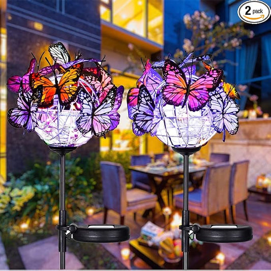 Outdoor Solar Lights 2 Pack, Solar Garden Lights with 18 Butterflies Decoration Outdoor Lamps, Waterproof Butterfly Flower Lights for Patio Yard Lawn Garden Decor, Gifts for Mom Women Weepong